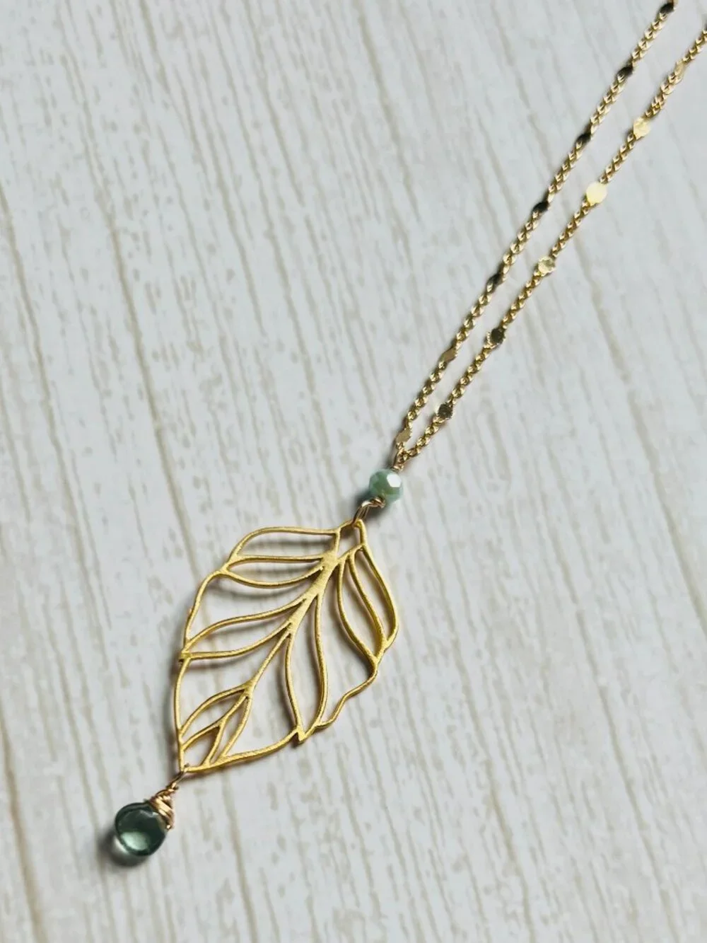 Green Amethyst Leaf Necklace | Gold filled satellite chain necklace | autumn